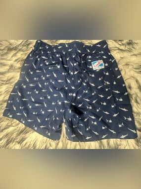 Men's Navy Shark-Print Swim Trunks with Elastic Waist